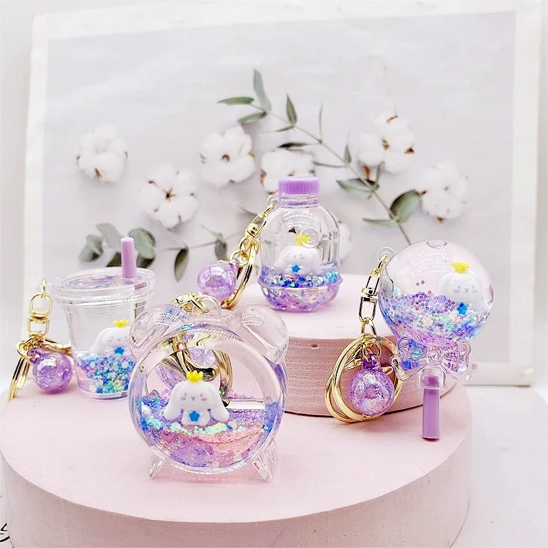 Sanrio Kawaii Hello Kitty My Melody Cinnamoroll Quicksand Bottle Keychain Roztomilý karikatúra prívesok dekorácie dievčatá s dovolenkovým darčekom