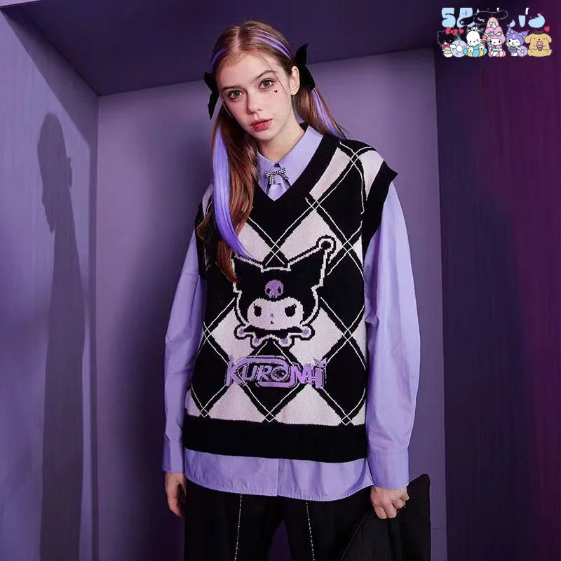 Sanrio Kawaii Kuromi Hello Kitty Wool Sweater V-Neck Vesta Vest College Lolita Girl Obliekanie anime periférne oblečenie