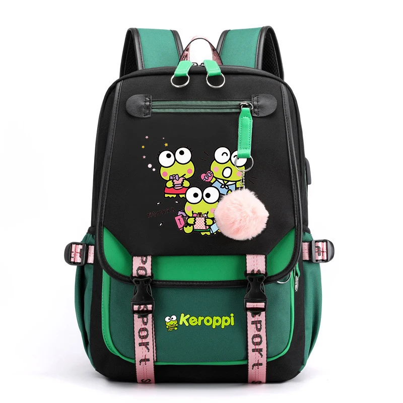 Sanrio Kerokero Keroppi Girls Boys School Batoh Teenager USB nabíjanie notebook batoh teenager Rucksnack Travel Bag Mochila