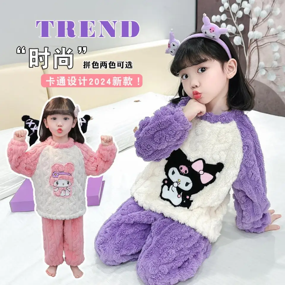 Sanrio Kuromi Girls Lounge oblečenie udržiavajte teplé flanelové pyžamy moja melódia karikatúra roztomilý oblek neformálne nosenie detského oblečenia