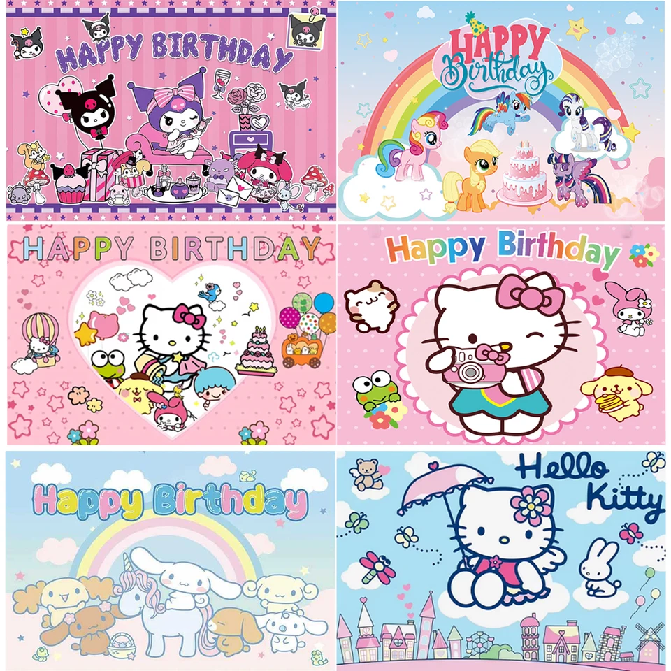 Sanrio Kuromi Hello Kitty Photo Kady, vlastná bábätko, dievčina 1. narodeninová oslava banner, fotografovanie pozadia