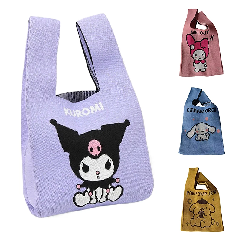 Sanrio kuromi kabelka Ženy ručne vyrobené pletená kabelka karikatúra zápästie nakupujúci veľká kapacita tote študent opakovane použiteľné ramenné taška