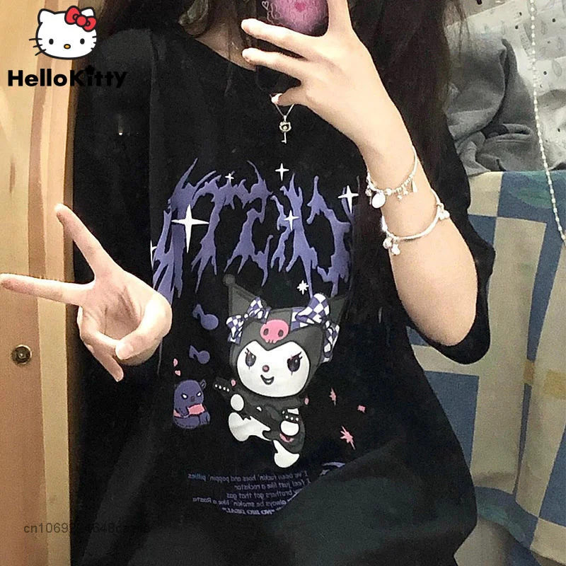 Sanrio Kuromi Tlačené bavlnené tričko Y2K Harajuku Halloween Student Tops Tops High Streetwear Pár gotické oblečenie pre ženy