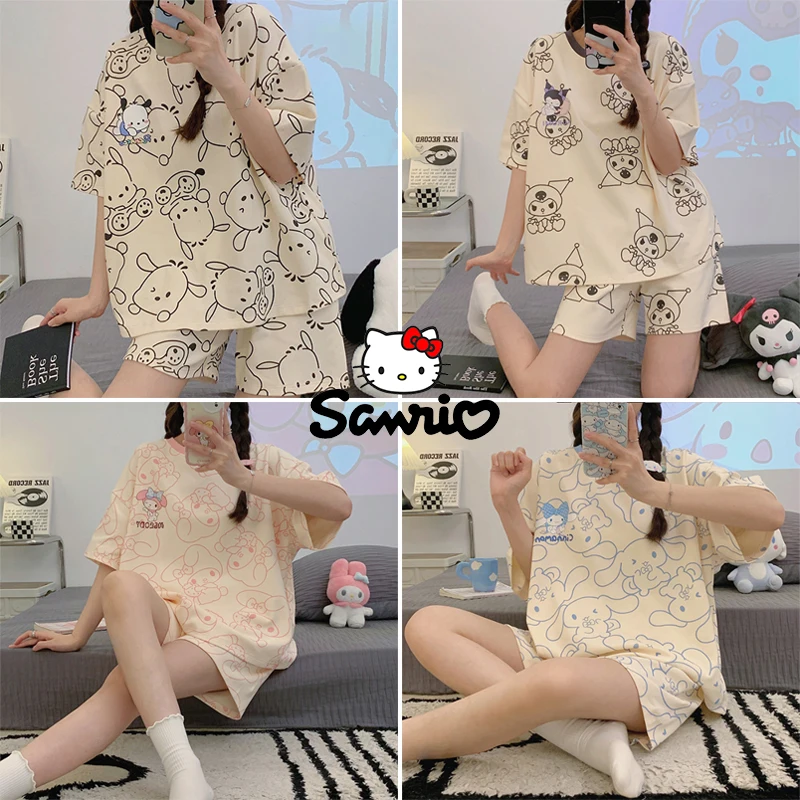 Sanrio Pajama Set Kuromi Melody Nightwear Kawaii Dievčatá Tlač spánku