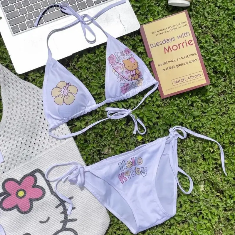 Sanrio pláž sexy šnurovanie s hrudnou podložkou Bikini kawaii Hello Kitty Cartoon Priedušné rozdelené plavky módne spodné prádlo súpravy