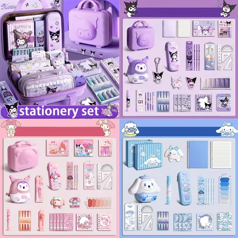 Sanrio Student Stationery Set Gift Box Melody Kuromi Cinnamoroll Pencil Case Notebook Eraser Stickers