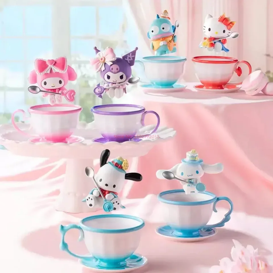 Sanrio Tea Cup Elf Series Figure Kuromi My Melody Hello Kitty Pochacco Cinnamoroll Hangyodon Figurín Anime Doll Model Model Darčeková hračka