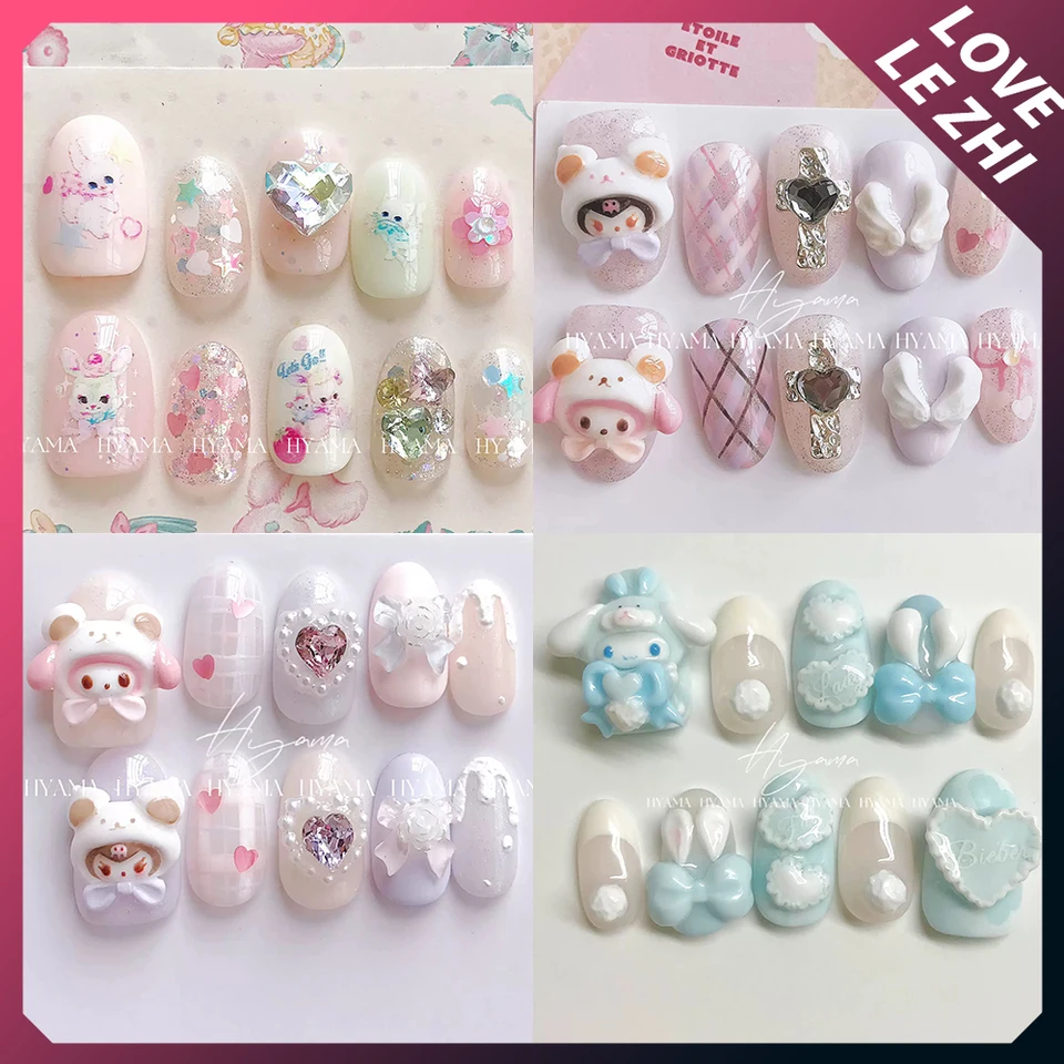 Sanrioed Hello Kittys 3D karikatúra ručne vyrábaný lis na nechty roztomilé vtipné mandľové nositeľné opakovane použiteľné úplné kryt