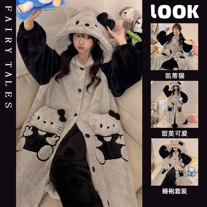 Sanrioed Hello KittYS ROBE CORAL FLEECE PAJAMAS Set Cartoon Kuromi Cinnamoroll Domáce oblečenie Dámske flanel dlhá nočná košeľa Teplá teplá