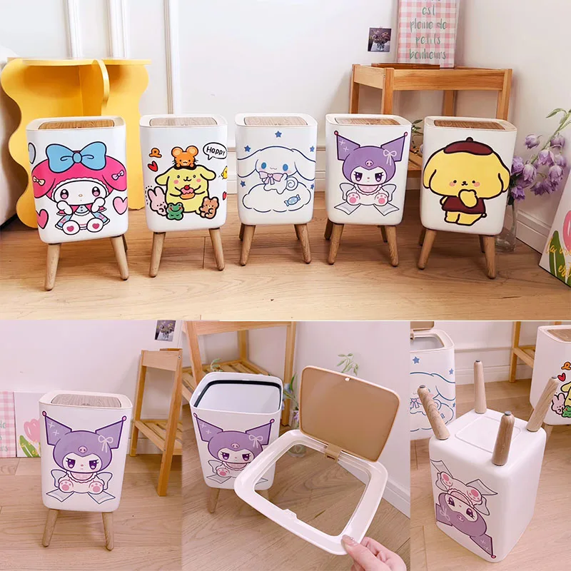 Sanrioed s vysokou nohou koša môže moja melódia Kuromi Cinnamoroll Press Cover Polov Trash Bin Square Wastepaper Basket Buck