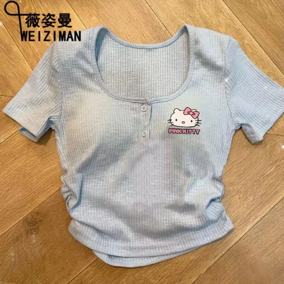 Sanrios Hello Kitty roztomilé letné tričko Tops topy kawaii Ženy Anime Pure Cotton Tops Tops horúce dievča podprsenka pletenie topy sexy s hrudnou podložkou