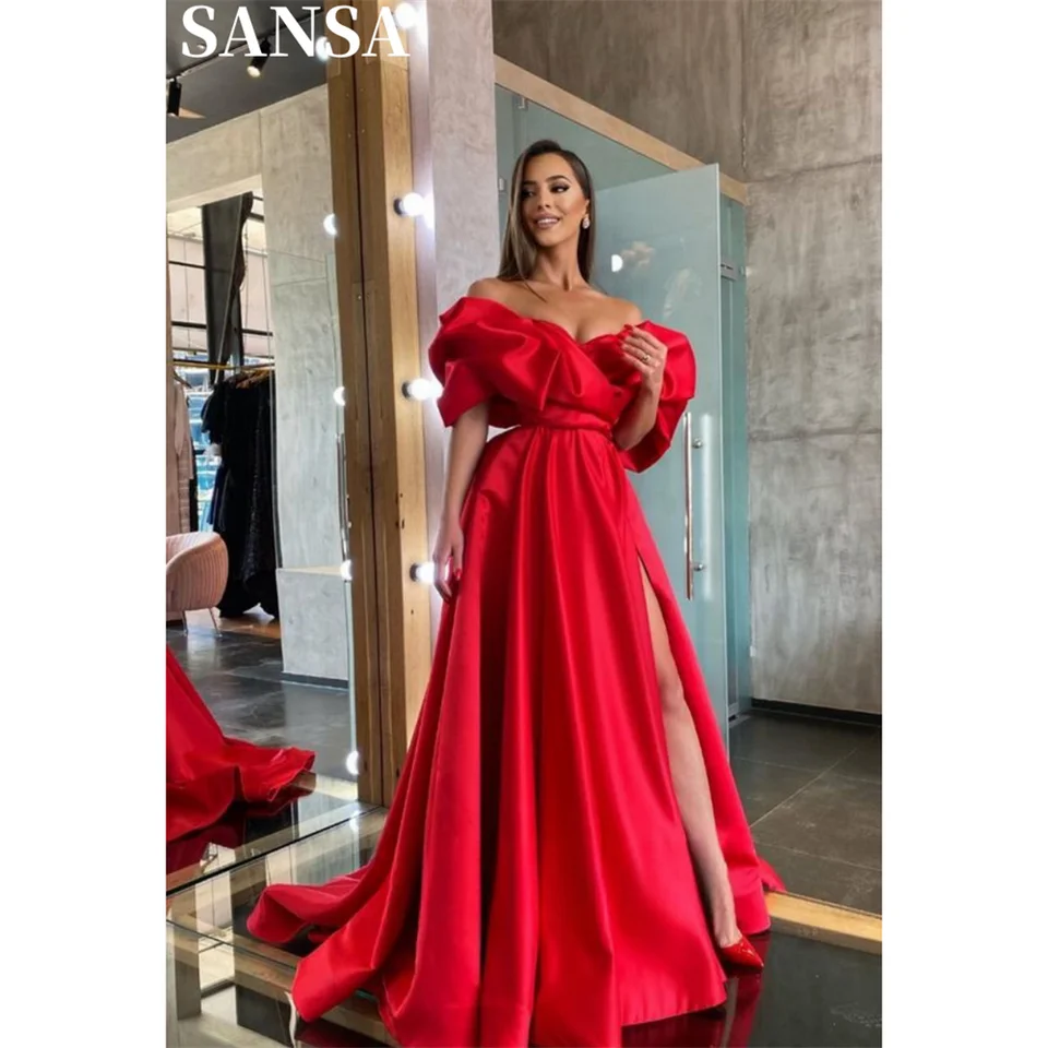 Sansa vynikajúce červené saténové saténové šaty Red A-line Vysoké štiepky Svadobné šaty dĺžky z ramena Vestidos de Fiesta
