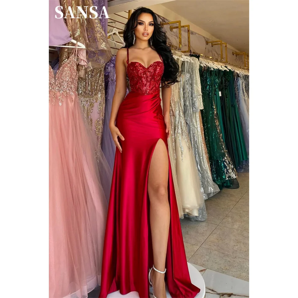 Sansa Wine Red Satin Prom šaty špagety remienok Vestidos de noche elegantné rukávy bez rukávov Sexy bočná strana High Formal Formal večer 2024