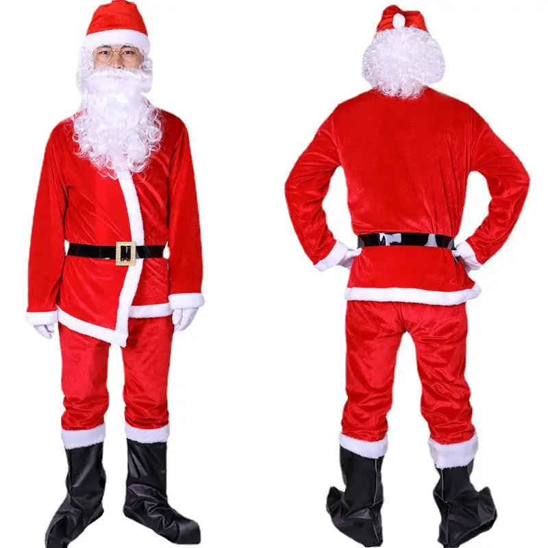 Santa Claus cosplay kostýmy brada klobúk opasok muži Zlato zamatové materiály luxusné šaty vianočné mys pre ženy veselé Vianoce