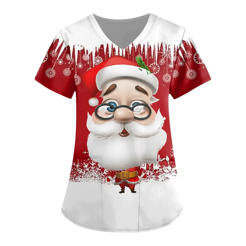 Santa Claus na sebe okuliare potlačené polyester v krku košeľa žien Pánske oblečenie Medical Uniform Doctor Nurse Scrub Tops