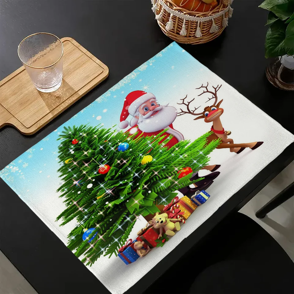 Santa Claus Snowman Print Linen jedálenský stôl rohože kuchyňa prestieranie 30x40cm podložky podložky