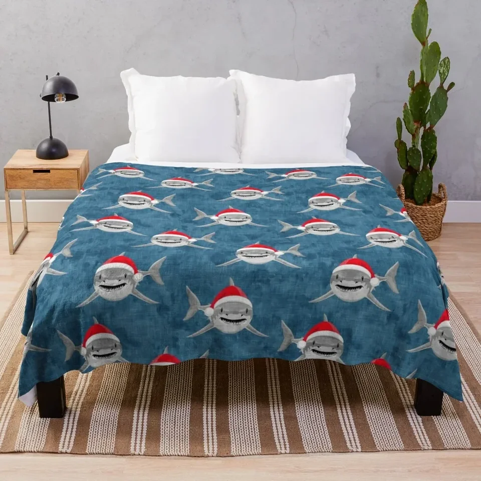 Santa Sharks - Blue - Vianočný žralok hodí prikrývku Flanel Sofa Quilt Extra veľké prikrývky