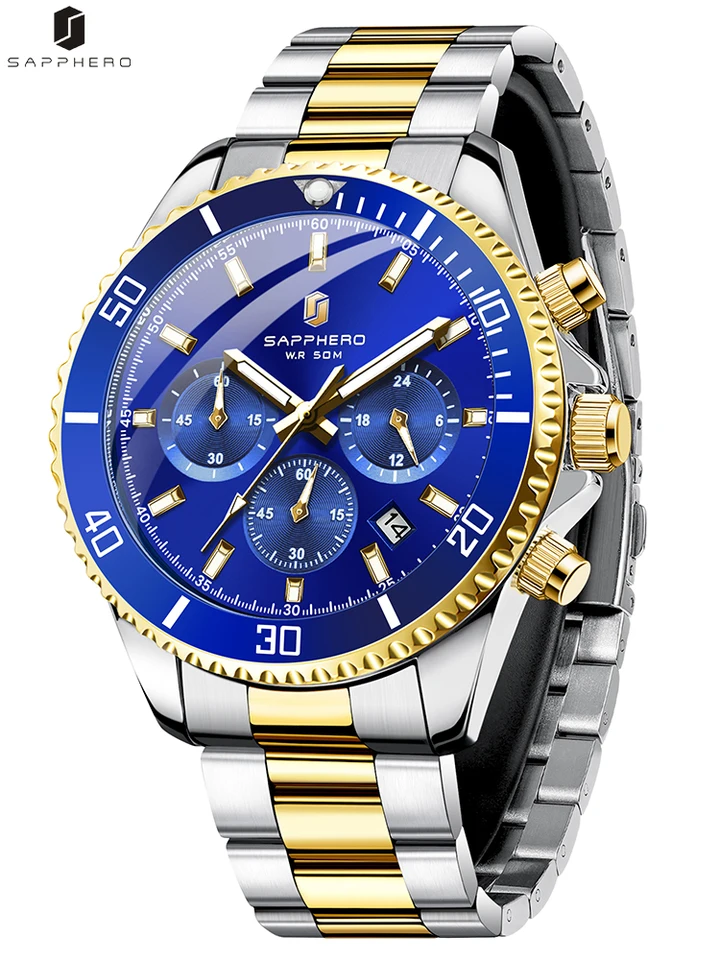 Sapphero Mens Watch Zlato Zlatá kalendár z nehrdzavejúcej oceľ
