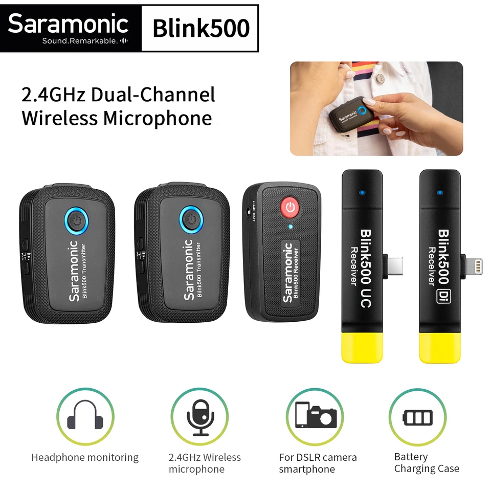Saramonic Blink500 Wireless Lavalier Studio Condenter Professional Mikrofón pre iPhone Android Camera Live Interview