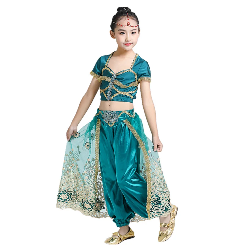Sari Dancewear Kids Indian Outfits Bollywood Clothing Children Dance Costy Set 3ks (Top Pants Headress)