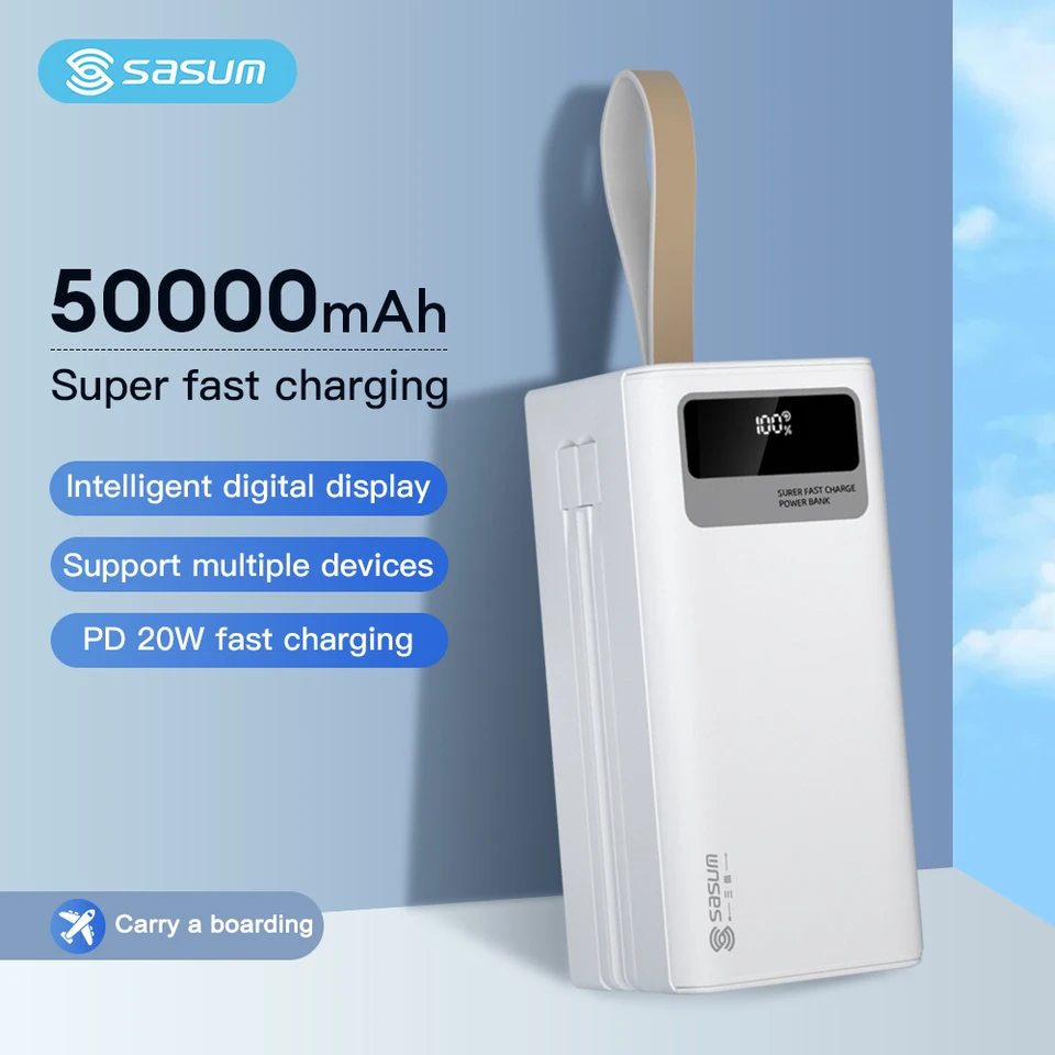 SASUM Rýchle nabíjanie 50000 mAh/30000 mAh Power Bank so vstavaným káblom Digital Display Battery nabíjačky pre iPhone Samsung Huawei