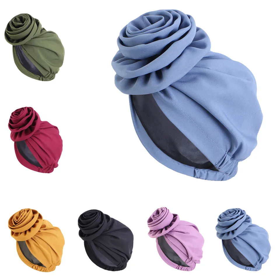 Satin lemovaná žena Turban čiapka Veľký kvet africký klobúk MASILNA FARBA Vlákna kapota moslimský hidžáb šatky šatky dámy čiapky hlavy pokrývky hlavy