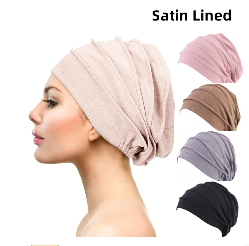 Satin lemovaný kapota klobúk pre ženy mäkká elastická hodvábna nočná noc spánok čiapka kučeravá starostlivosť o vlasy Turban Headwrap Chemo Beanies Hat