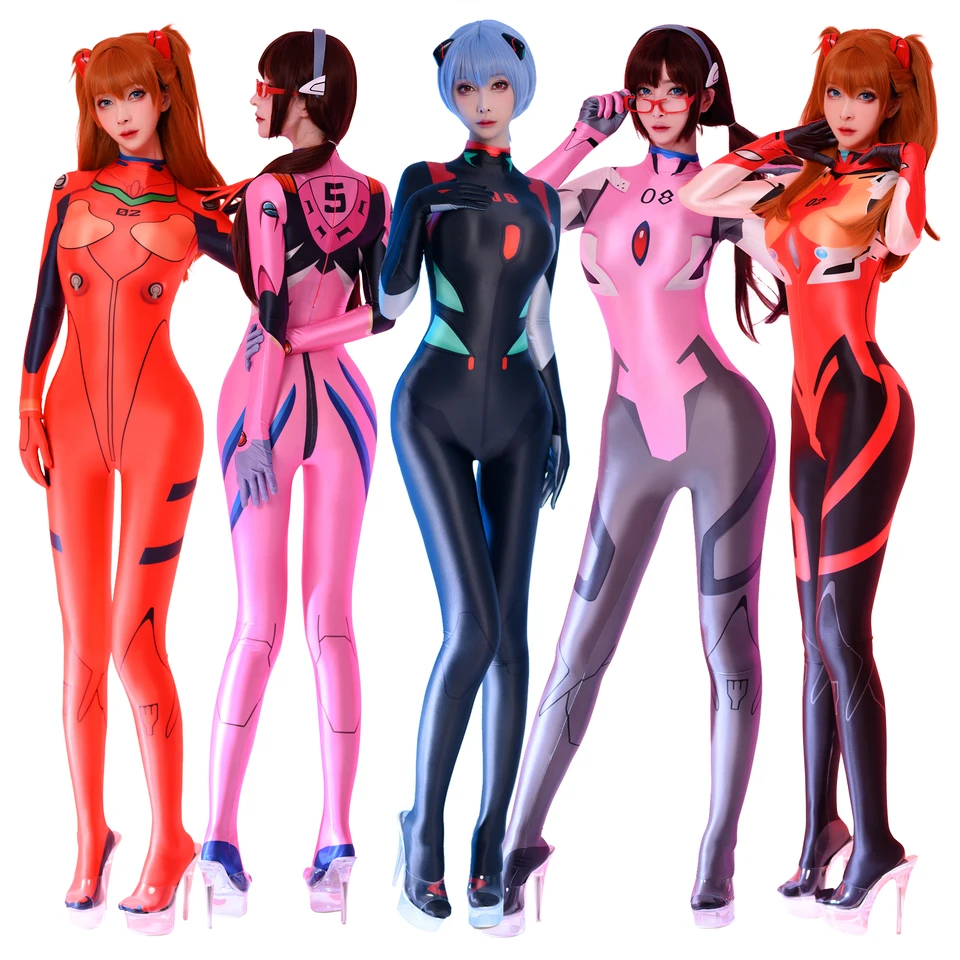 Saténové lesklé anime Asuka Langley Soryu mari rei ayanami cosplay kostýmy Ženy Sexy kombinézy Zentai Bodysuit Halloween oblečenie