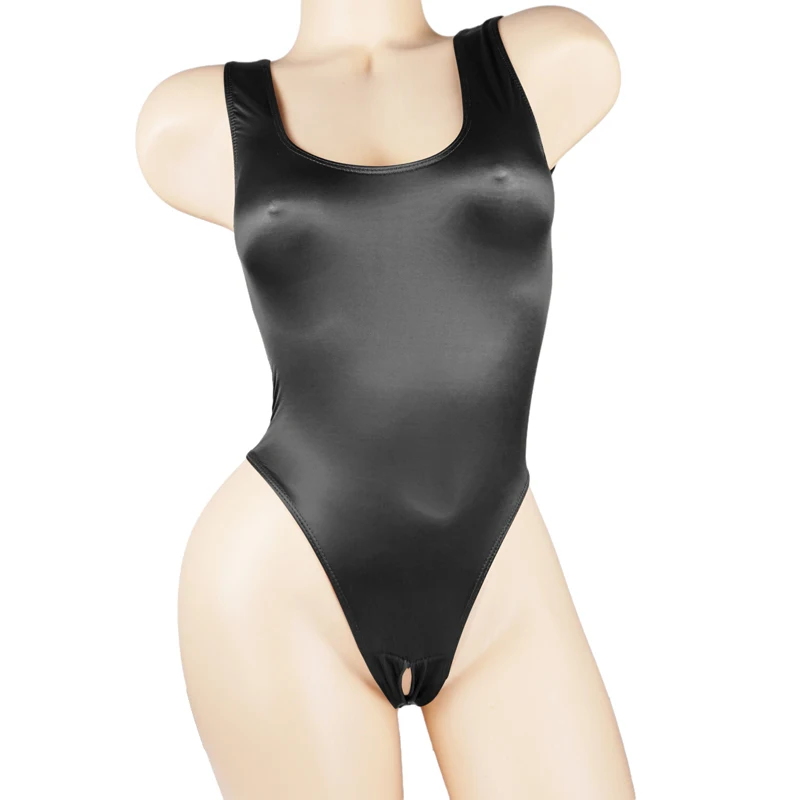 Saténové lesklé trikoty s jedným kusom plavky sexy vysoko rezané otvorené rozkroky bikiny režisérske bodysuit lesklé ženy spodná bielizeň plus veľkosť plus veľkosť