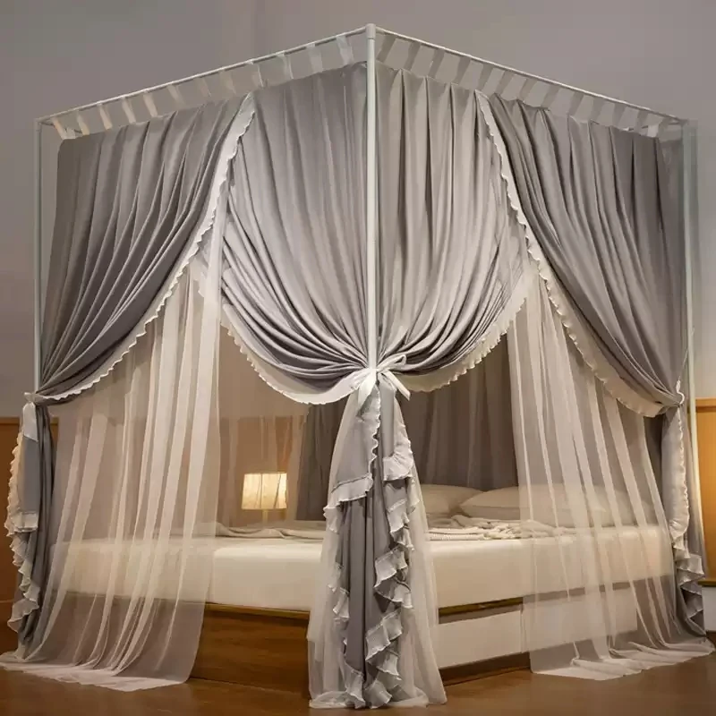 Saténové zatienenie komárového čreva kvadrate palác posteľ závesu spálňa dvojvrstvou s čistým prachovým postelom Bed Canopy Trojdier s rámom