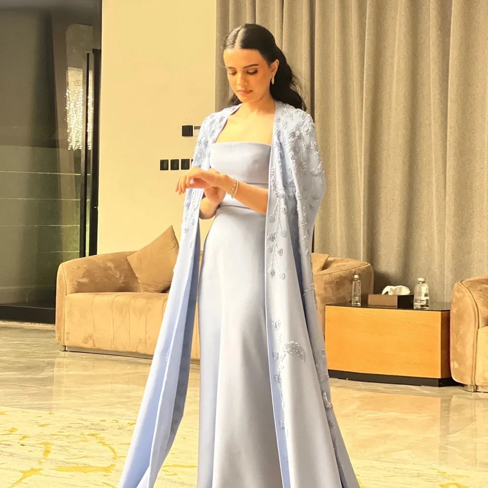Saudské luxusné večerné šaty Arabic Mermaid Večerné šaty s rukávmi na mys Prom šatá