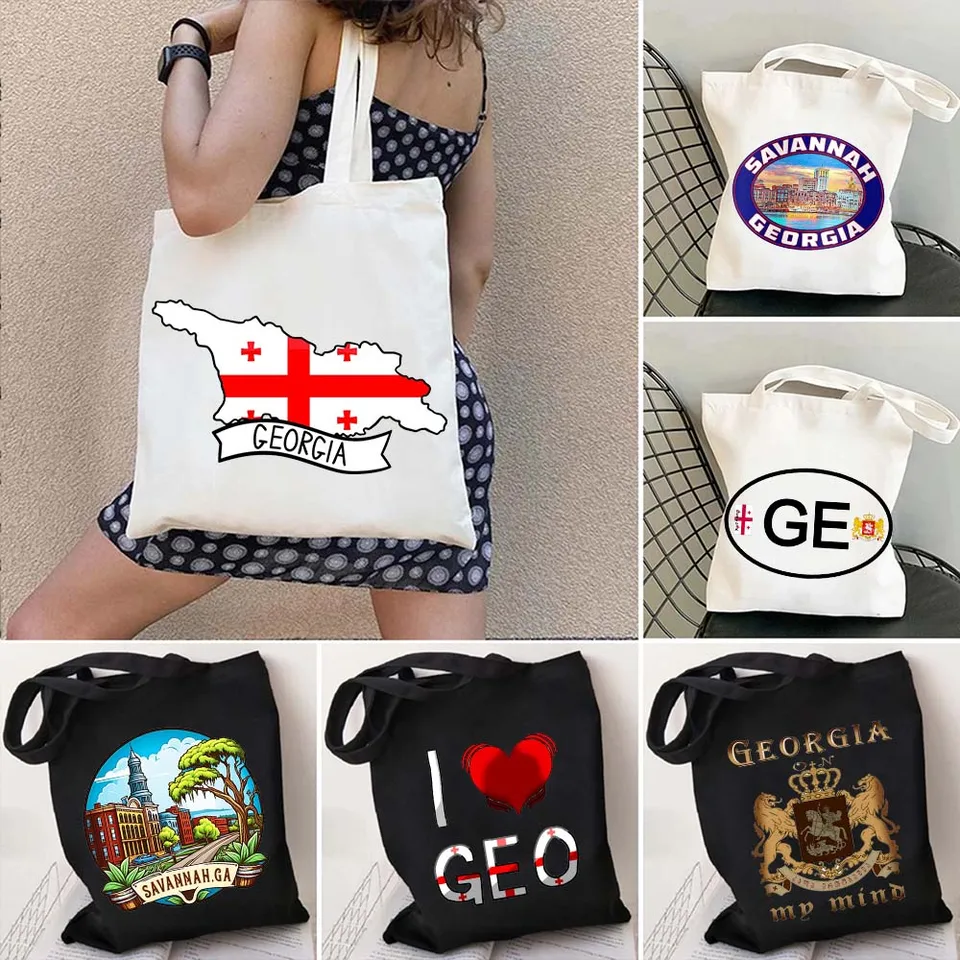 Savannah Republic Georgia Love Heart Georgia Country Flag Map Map Zmlut Letter Woment Women Canvas Tote Bag Harajuku nakupovacia kabelka