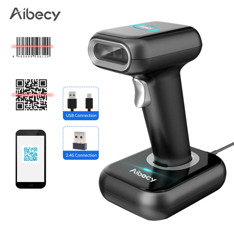 Scanner AIBECY BARCode Scanner 1D/2D/QR kódový skener 2.4G Wireless USB WIRED ČASNÉ ČÍTAČKY ČASU S Multifunkciou pre supermarket