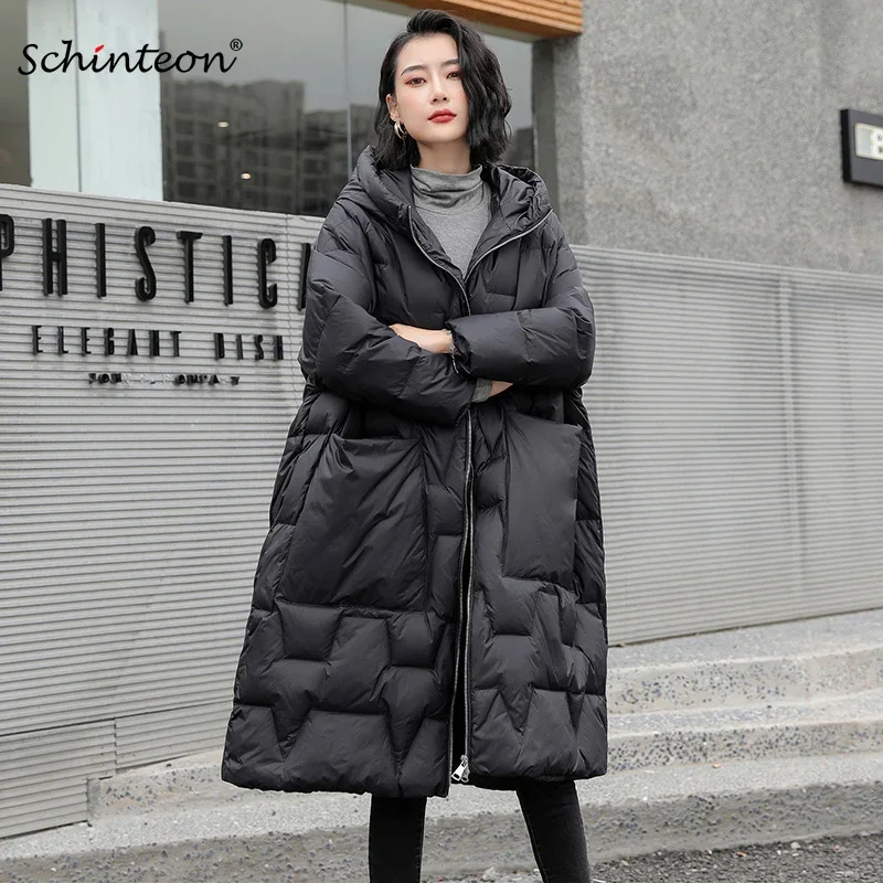Schinteon Women Down bunda neformálne voľné nad veľkosťou teplá jeseň zima Dlho Outwear White Duck Down s kabátom s kabátom 2024 nový