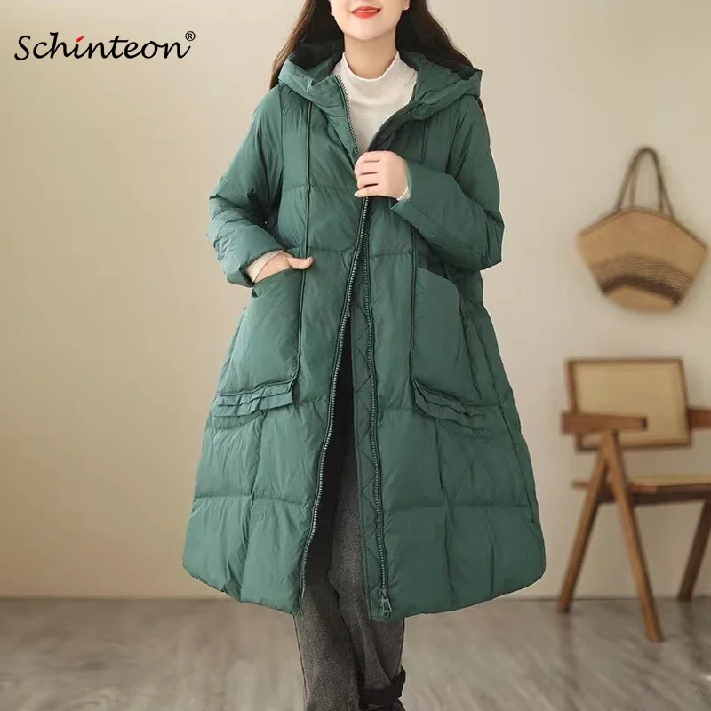 Schinteon Women Down bunda vintage jesenná zimná zima Long Outwear White Duck Down Warm Coat s kapucňami Veľké vrecká 2024 Nové