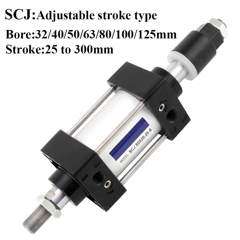 SCJ 32 40 50 63 80 125 mm nastaviteľný zdvih 25 až 300 mm dvojitého pôsobiaceho pneumatického vzduchového valca s magnetom