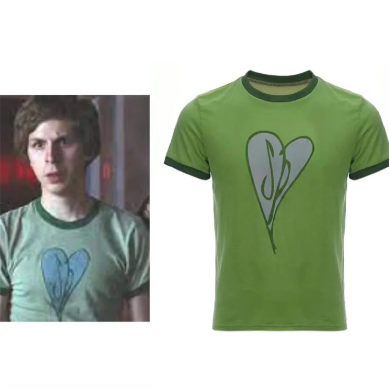 Scott Pilgrim kostým srdca Ringer košeľa Pánske zelené tlačené tričko Tee muži ležérne top s krátkym rukávom