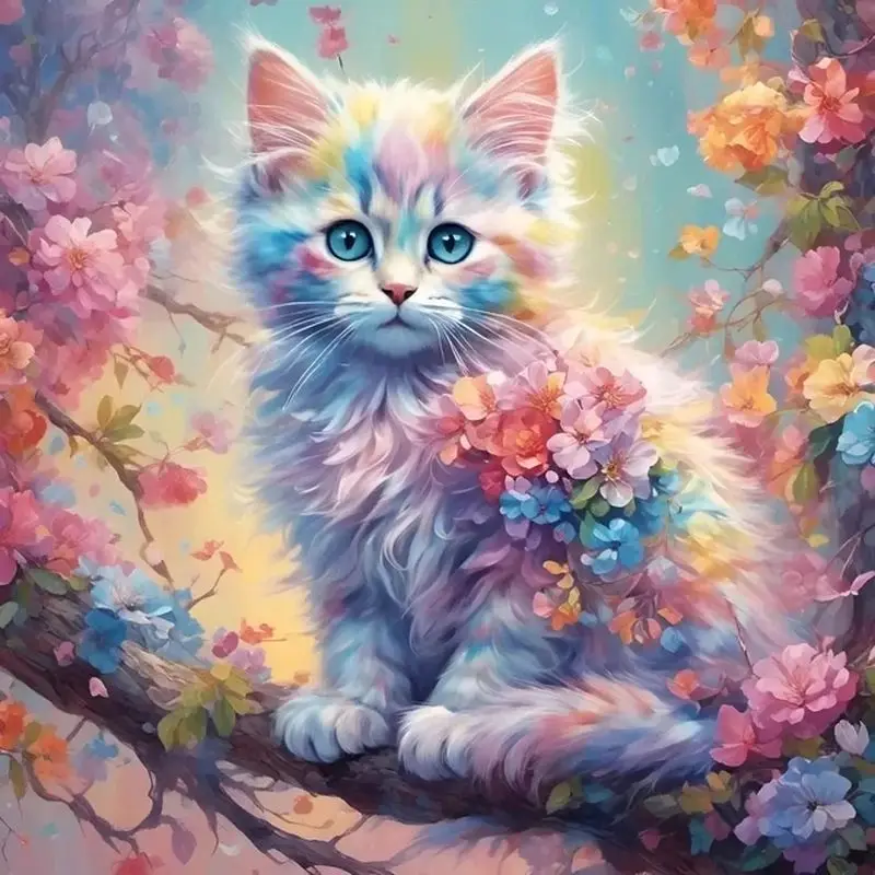 Sdoyuno Diamond Painting Cartoon Animal Cat Full Square/Round Mosaic Rainbow Flower 5D DIY obrazy pre interiér