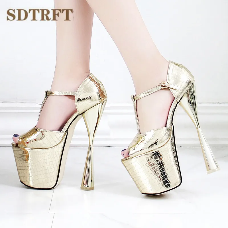 SDTRFT steletto dámske nočné kluby tanečné sandále Platforma topánky žena 20 cm hrubé podpätok crossdresser T-Strap Gold Sliver Pumps