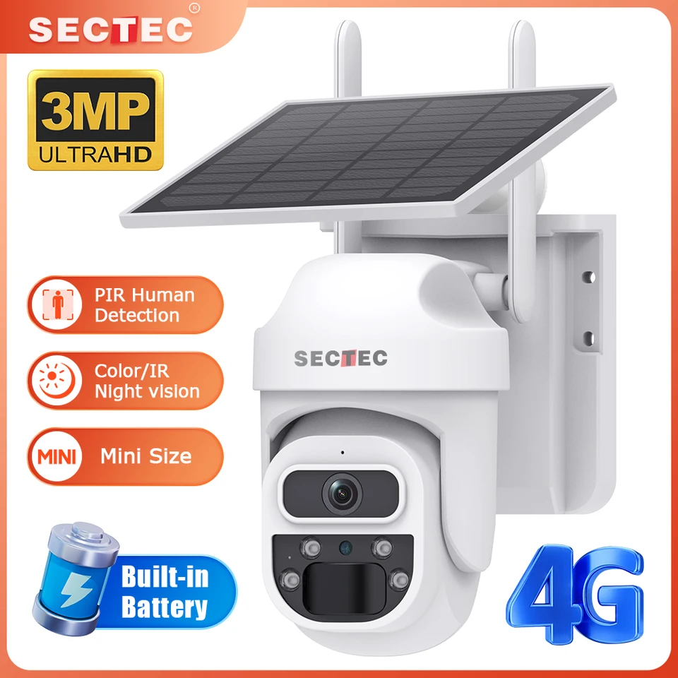 SECTEC 4G/WIFI 3MP solárna kamera CCCTV PTZ vonkajšia detekcia pohybu PIR 2-cestné zvukové sledovacie kamery Nočné videnie kamery