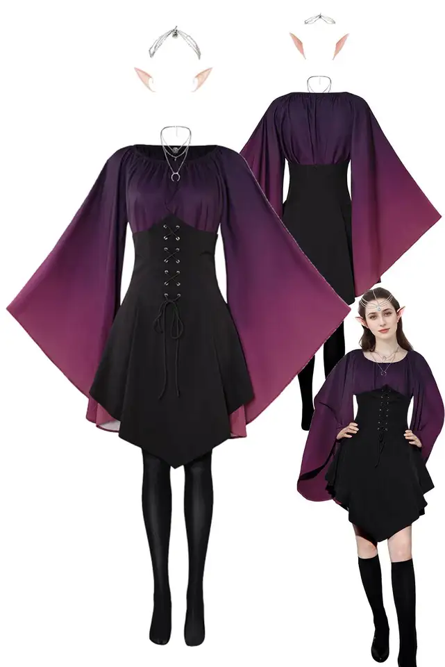 Sedem kusov Ženy Cosplay fialové gradient Renaissance škriatkových šaty kostým ženský maskovaný uší oblečenie Halloween Karneval