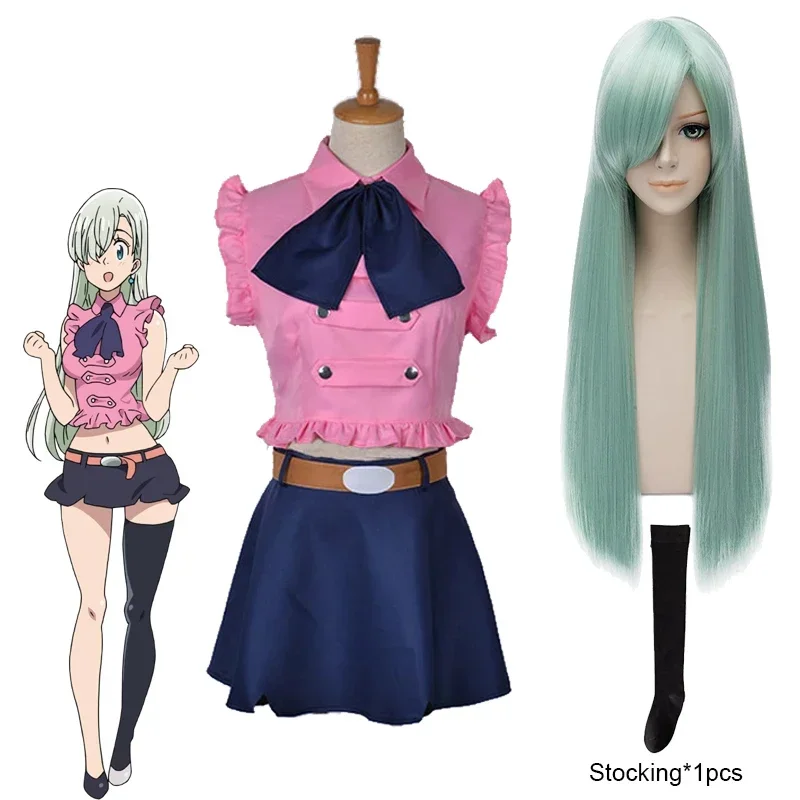 Sedem smrtiacich hriechov Liones Cosplay kostým Elizabeth Wig Svetlo zelené dlhé vlasy Dámske dámske sukne obleky Mn8