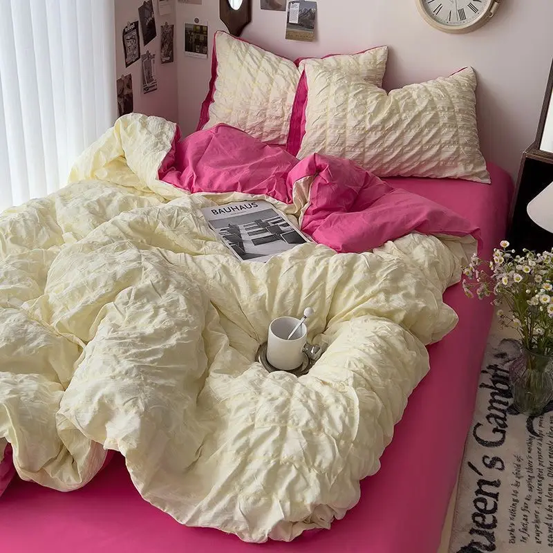 Seersucker Princess Girls Bedding Set Duin Cover Cover Kórejský štvorpustný umytý bavlnený list prikrývky prikrývky 2024New