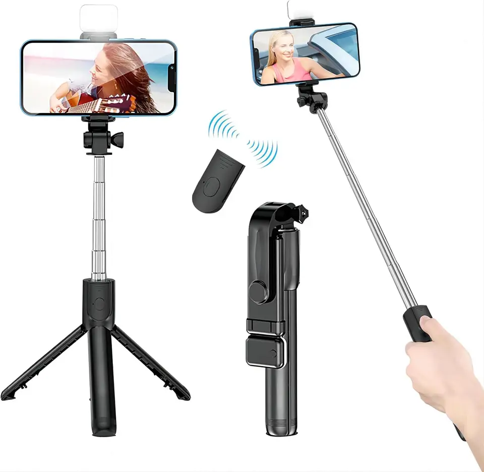 Selfie Stick s výplňovým svetlom natiahnuteľným selfie palicový statív s bezdrôtovým diaľkovým diaľkovým diaľkom a skupinami telefónu pre všetky telefóny pre všetky telefóny