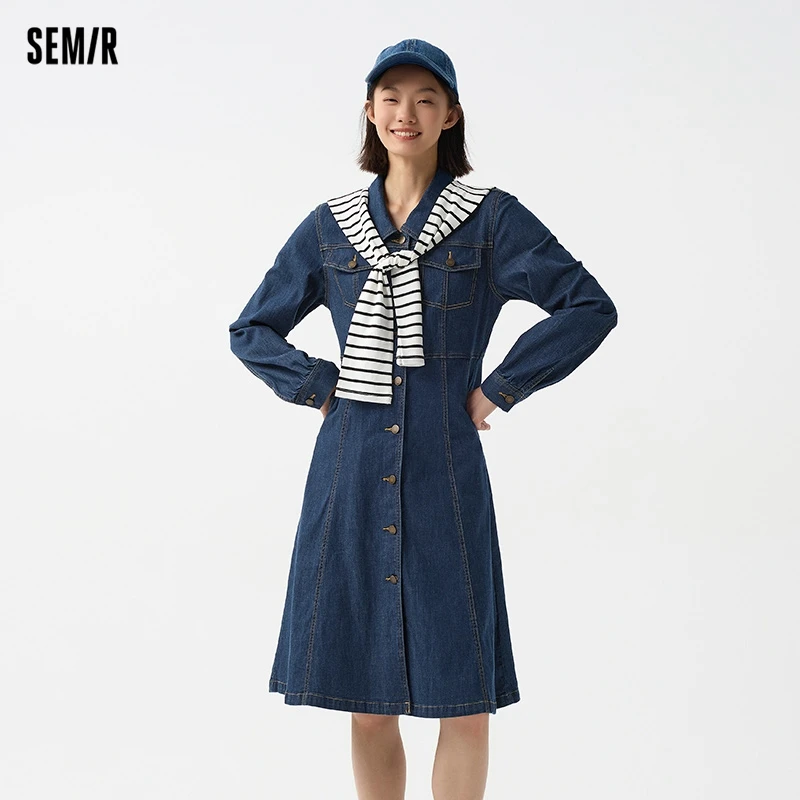 SEMIR Denim Dress Ženy s šálom 2024 Stredne dĺžkový štýl šaty na jar