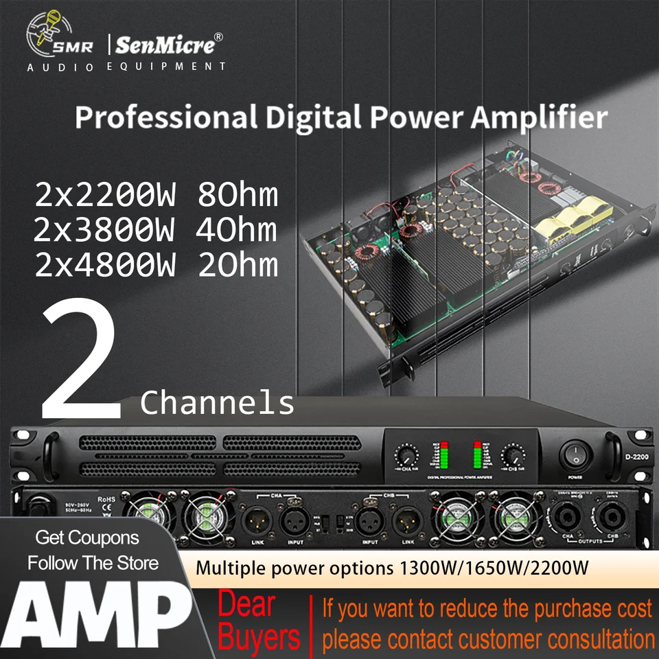 Senmicre D2200 2x2200W 8OHM Profesionálny digitálny výkonový zosilňovač 2 kanál Audio DJ subwoofer zosilňovač zosilňovača Ampeler