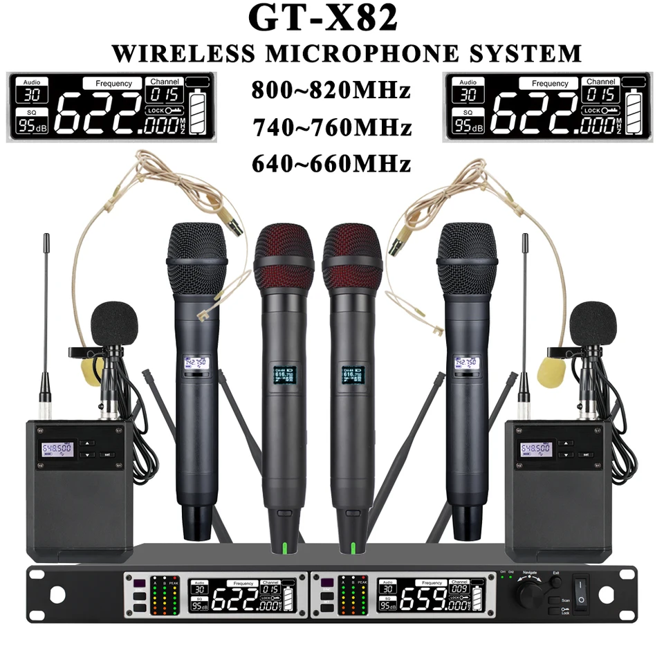 Senmicre Professional Wireless Microfone GT-X82 Duálne kanály UHF Karaoke Wireless Microfone True Diversity Ruckeld Mic Mic