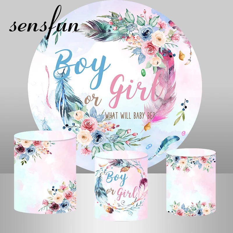 Sensfun Gender odhaľuje okrúhle pozadie kvety kvety perie chlapec alebo dievča bábätká dekorácia pozadia kryty valec valca