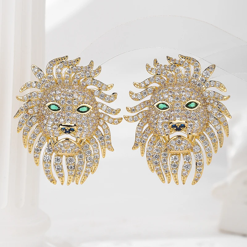 Senyu Luxury Big Lion Head Cz Stud náušnice Super luxusné ženy Veľký cvok Dubaj Party šperky vynikajúce indické svadobné náušnice