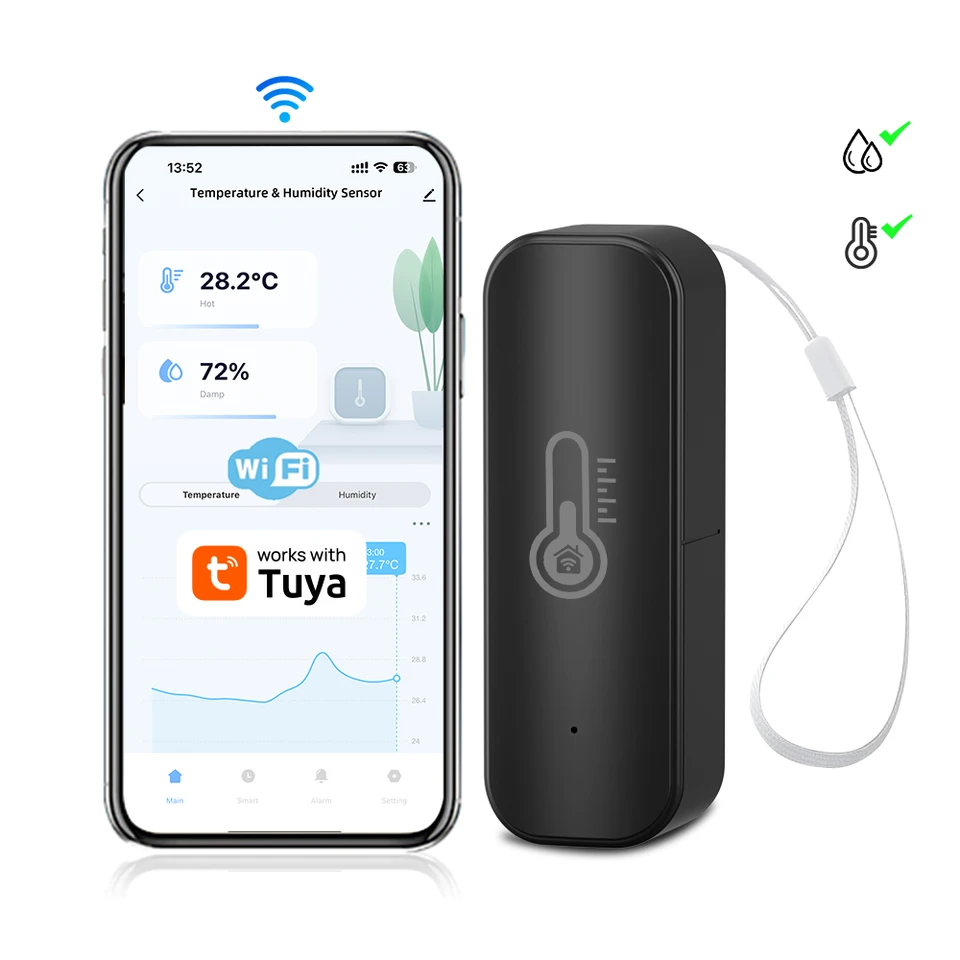 Senzor teploty vlhkosti tuya wifi s čiernou alebo bielou farbou pre inteligentnú domácu batériu Monitorovanie aplikácií Alexa Google Voice